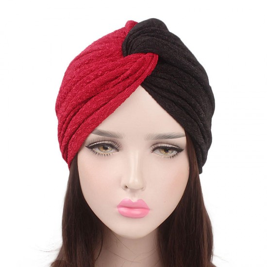 Women Vintage Muslim Polyester Crossed Chemical Turban Hat Casual Stripe Beanie Cap