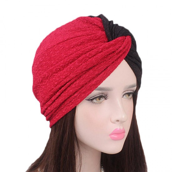 Women Vintage Muslim Polyester Crossed Chemical Turban Hat Casual Stripe Beanie Cap