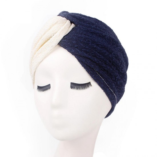 Women Vintage Muslim Polyester Crossed Chemical Turban Hat Casual Stripe Beanie Cap