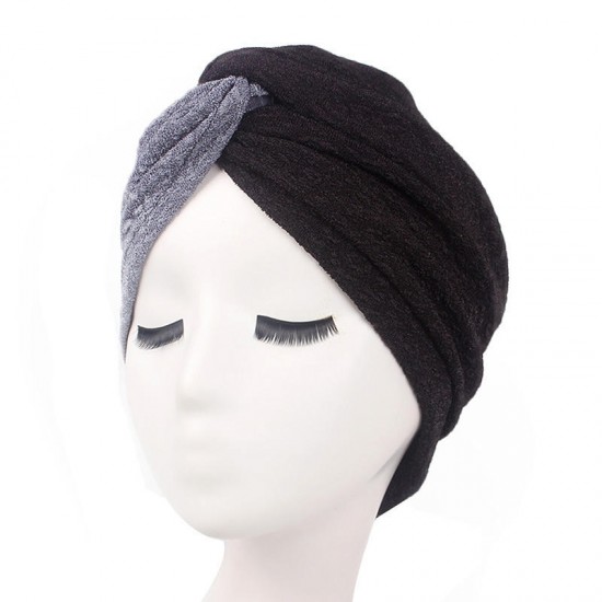 Women Vintage Muslim Polyester Crossed Chemical Turban Hat Casual Stripe Beanie Cap