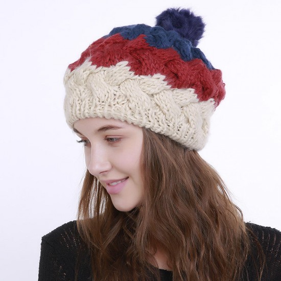 Women Vintage Patchwork Knit Hat Outdoor Winter Earmuffs Ski Skull Cap Beanie