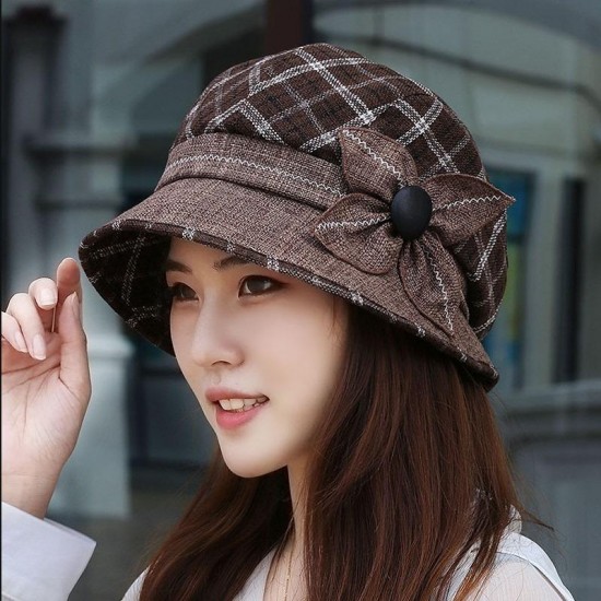 Women Vintage Plaid Polyester UV Protection Bucket Cap Outdoor Large Brim Sun Fishing Hat