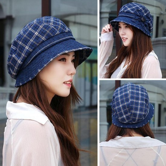 Women Vintage Plaid Polyester UV Protection Bucket Cap Outdoor Large Brim Sun Fishing Hat