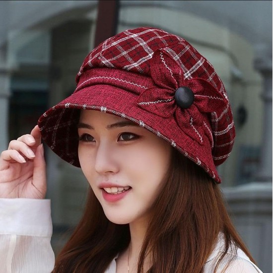 Women Vintage Plaid Polyester UV Protection Bucket Cap Outdoor Large Brim Sun Fishing Hat