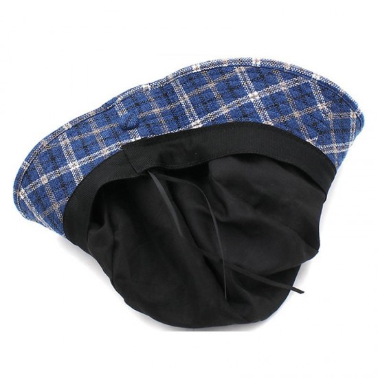 Women Vintage Plaid Polyester UV Protection Bucket Cap Outdoor Large Brim Sun Fishing Hat