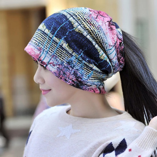 Women Warm Velvet Beanies Cap Colorful Printed Bonnet Hat Cap And Scarf Dual Use