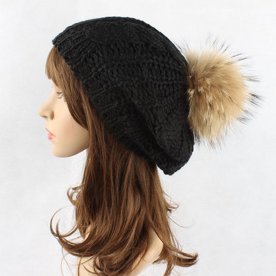 Women Warm Wool Crochet Knitted Beanie Hat Thick Bonnet Solid Hats With Fur Ball