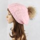 Women Warm Wool Crochet Knitted Beanie Hat Thick Bonnet Solid Hats With Fur Ball