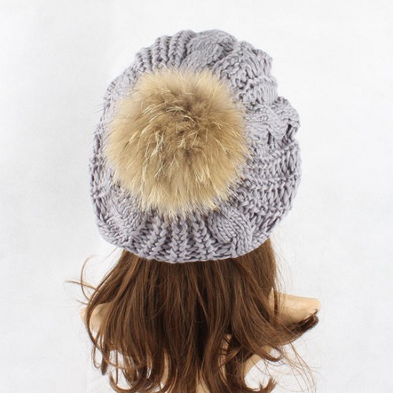 Women Warm Wool Crochet Knitted Beanie Hat Thick Bonnet Solid Hats With Fur Ball