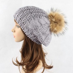 Women Warm Wool Crochet Knitted Beanie Hat Thick Bonnet Solid Hats With Fur Ball