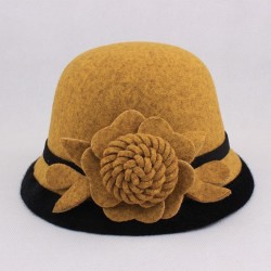 Women Warm Woolen Bowler Hat Flower Ethnic Bucket Hat