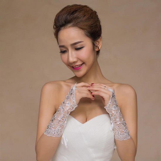 Women White Bridal Glove Lace Embroidered Wedding Dress Sleeve Gloves