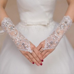 Women White Bridal Glove Lace Embroidered Wedding Dress Sleeve Gloves