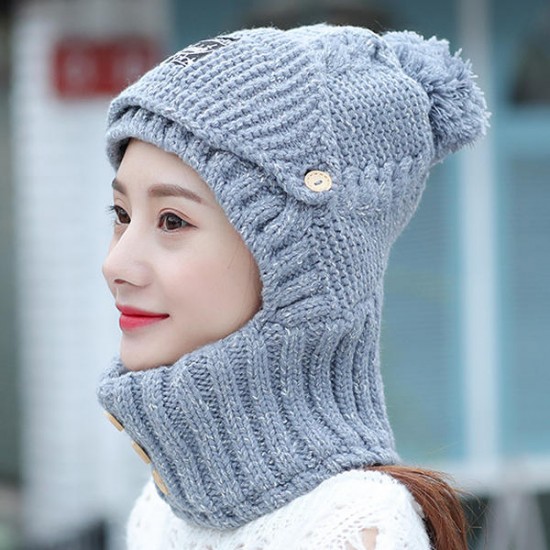 Women Windproof Thicken Knit Hat Scarf Face Mask Set Vintage Earmuffs Beanie Cap