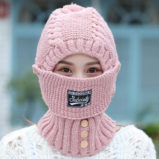 Women Windproof Thicken Knit Hat Scarf Face Mask Set Vintage Earmuffs Beanie Cap