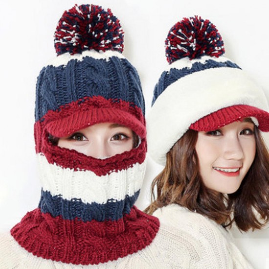 Women Windproof Thicken Plus Velvet Knit Beanie Hat Earmuffs Warm Patchwork Ski Cap