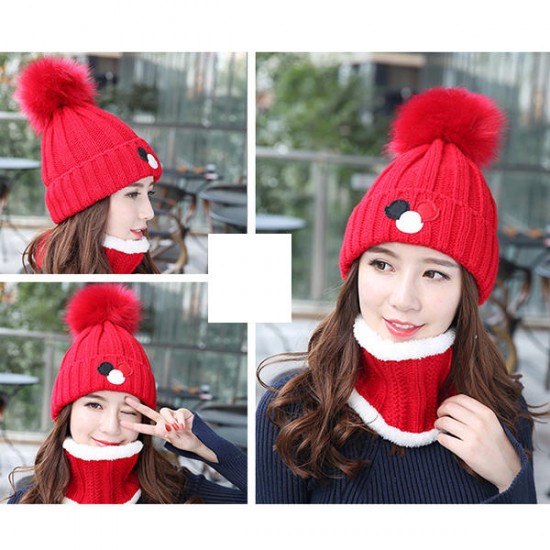 Women Windproof Thicken Plus Velvet Knit Hat Scarf Set Winter Earmuffs Beanie Cap