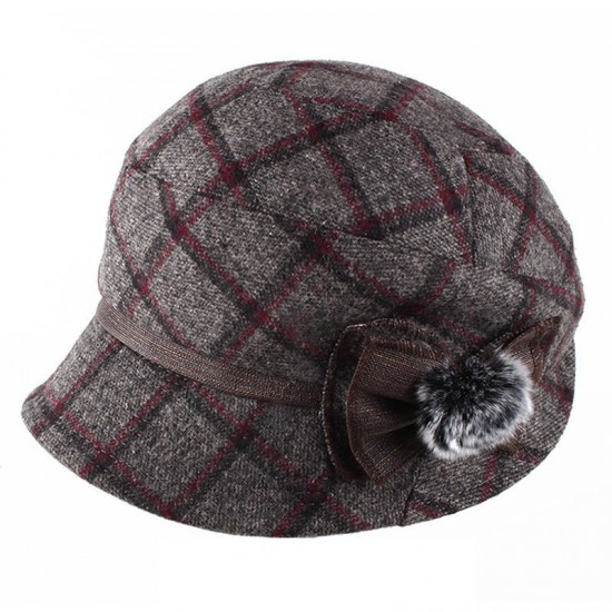 Women Windproof Thicken Woolen Blending Beret Caps Fashion Plaid Earmuffs Peaked Cap