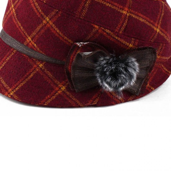 Women Windproof Thicken Woolen Blending Beret Caps Fashion Plaid Earmuffs Peaked Cap