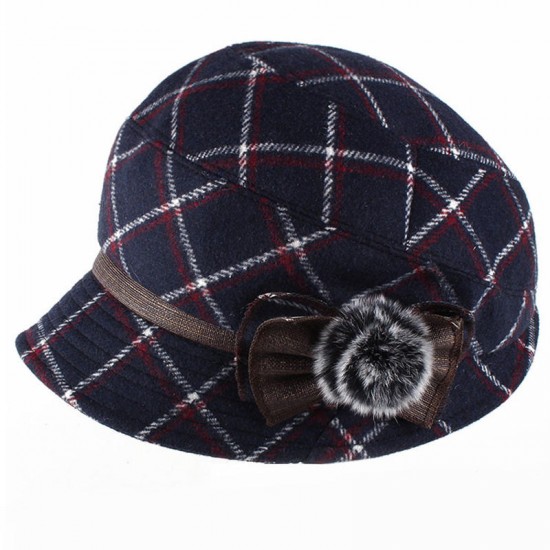 Women Windproof Thicken Woolen Blending Beret Caps Fashion Plaid Earmuffs Peaked Cap