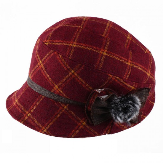 Women Windproof Thicken Woolen Blending Beret Caps Fashion Plaid Earmuffs Peaked Cap