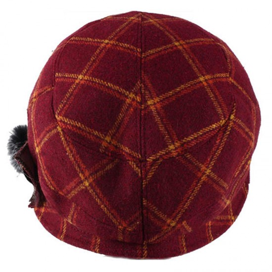 Women Windproof Thicken Woolen Blending Beret Caps Fashion Plaid Earmuffs Peaked Cap