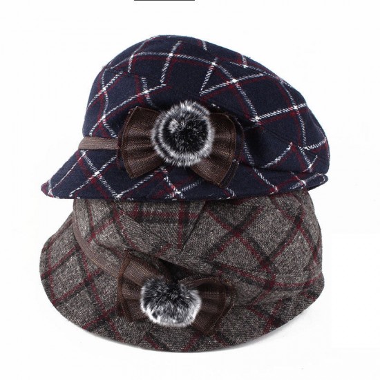 Women Windproof Thicken Woolen Blending Beret Caps Fashion Plaid Earmuffs Peaked Cap