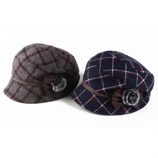 Women Windproof Thicken Woolen Blending Beret Caps Fashion Plaid Earmuffs Peaked Cap