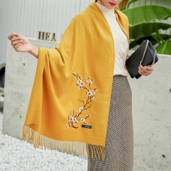 Women Winter Cashmere-Like Plum Embroidery Tassel Ethnic Elegant Scarf Shawl