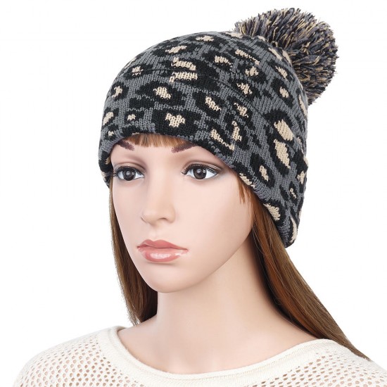 Women Winter Casual Leopard Print Pompoms Knitted Hat Beanie Cap