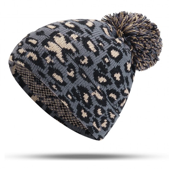 Women Winter Casual Leopard Print Pompoms Knitted Hat Beanie Cap