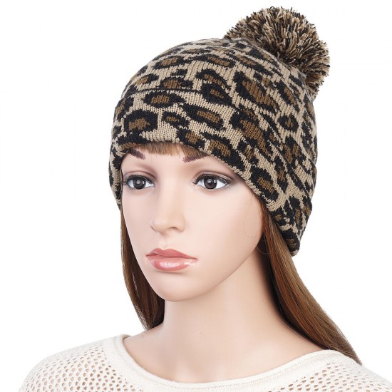 Women Winter Casual Leopard Print Pompoms Knitted Hat Beanie Cap