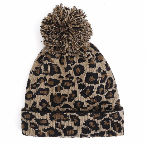 Women Winter Casual Leopard Print Pompoms Knitted Hat Beanie Cap