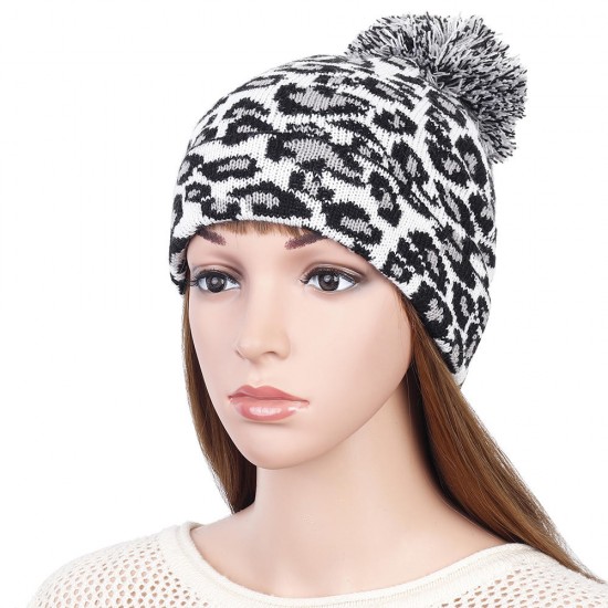 Women Winter Casual Leopard Print Pompoms Knitted Hat Beanie Cap