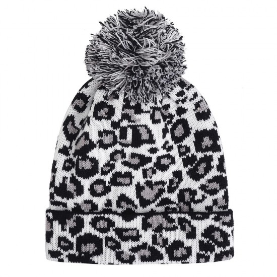 Women Winter Casual Leopard Print Pompoms Knitted Hat Beanie Cap