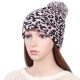 Women Winter Casual Leopard Print Pompoms Knitted Hat Beanie Cap