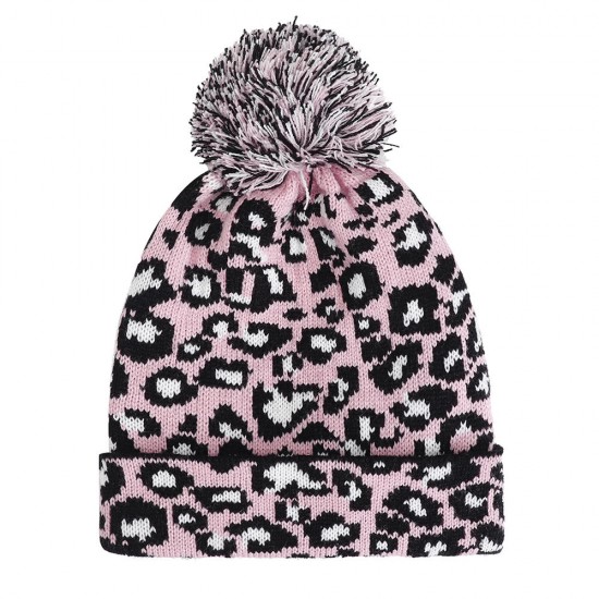 Women Winter Casual Leopard Print Pompoms Knitted Hat Beanie Cap