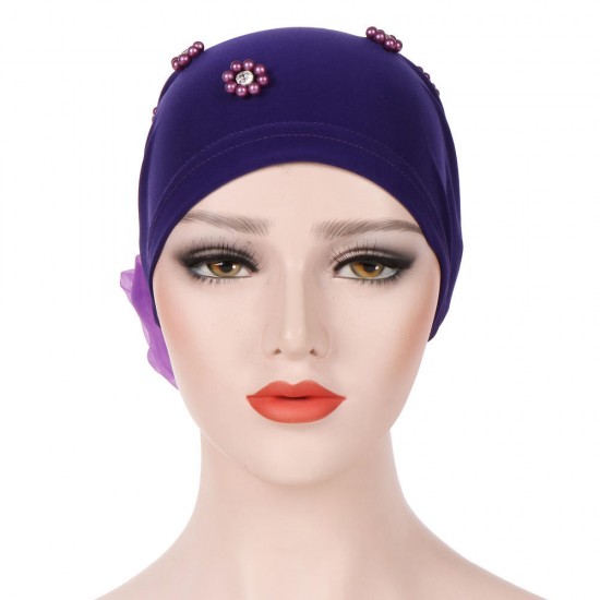 Women Winter Cotton Earmuffs Muslin Chemical Turban Cap Outdoor Flexible Rhinestone Beanie Hat