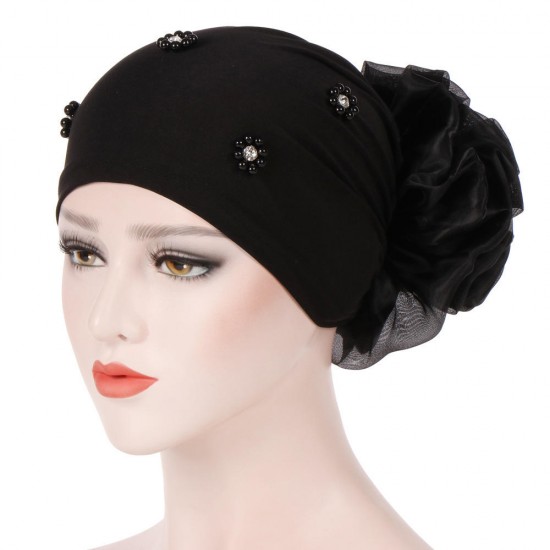 Women Winter Cotton Earmuffs Muslin Chemical Turban Cap Outdoor Flexible Rhinestone Beanie Hat