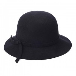 Women Winter Elegant Wool Bucket Hat Bow Tie Wide Brim Solid Floppy Hat