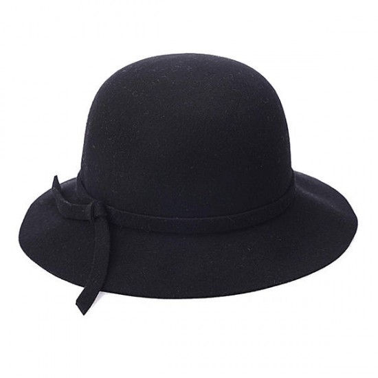 Women Winter Elegant Wool Bucket Hat Bow Tie Wide Brim Solid Floppy Hat