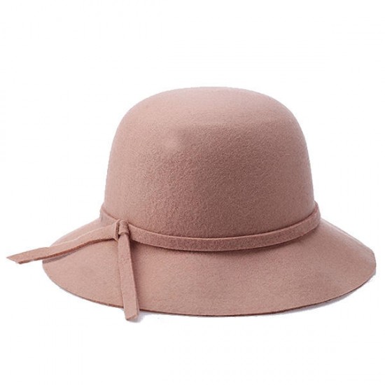 Women Winter Elegant Wool Bucket Hat Bow Tie Wide Brim Solid Floppy Hat