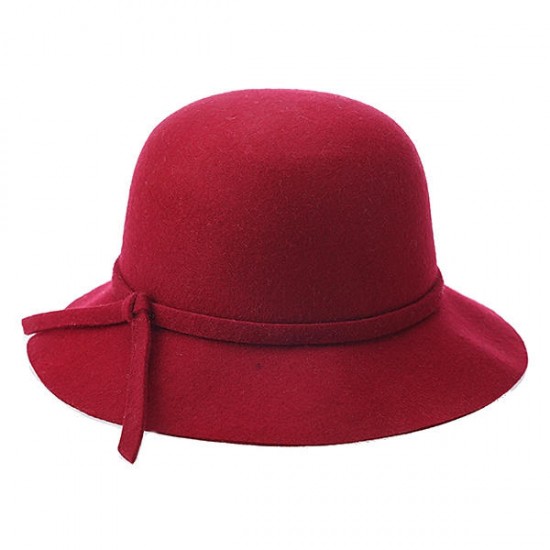 Women Winter Elegant Wool Bucket Hat Bow Tie Wide Brim Solid Floppy Hat