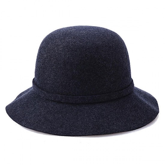 Women Winter Elegant Wool Bucket Hat Bow Tie Wide Brim Solid Floppy Hat