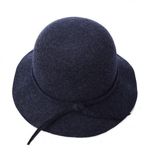 Women Winter Elegant Wool Bucket Hat Bow Tie Wide Brim Solid Floppy Hat