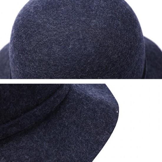 Women Winter Elegant Wool Bucket Hat Bow Tie Wide Brim Solid Floppy Hat