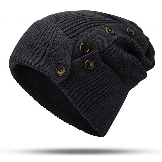 Women Winter Warm Button Ski Knit Beanie Hat Thicken Windproof Earmuffs Skull Cap