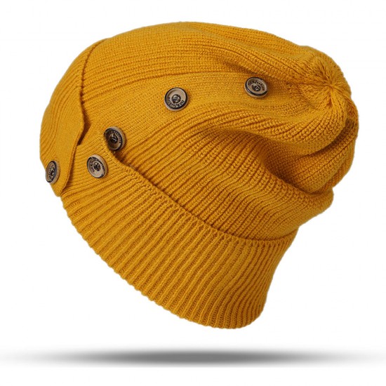 Women Winter Warm Button Ski Knit Beanie Hat Thicken Windproof Earmuffs Skull Cap