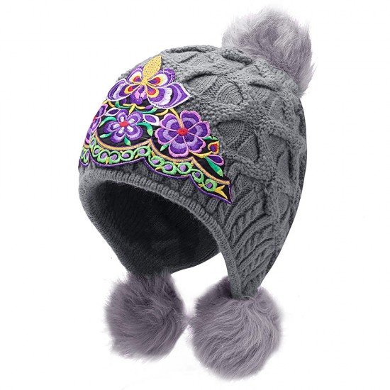 Women Winter Warm Floral Embroidered Knit Beanie Hat Outdoor Earmuffs Skullcap