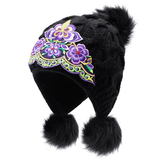 Women Winter Warm Floral Embroidered Knit Beanie Hat Outdoor Earmuffs Skullcap